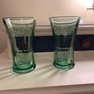 Vintage Coca-Cola green tinted 15 oz glasses very heavy glass set of 2